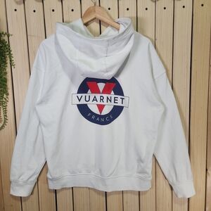 Vuarnet France White Hoodie with Red & Navy Logo. Unisex